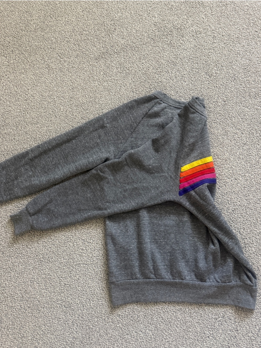 Aviator Nation Gray Crewneck with Red Orange Yellow Pink Purple Stripes - Picture 5 of 5